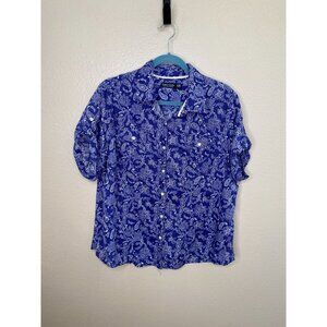 Faded Glory XXL Blue Paisley Short Sleeve Blouse 100% Organic Cotton Womens